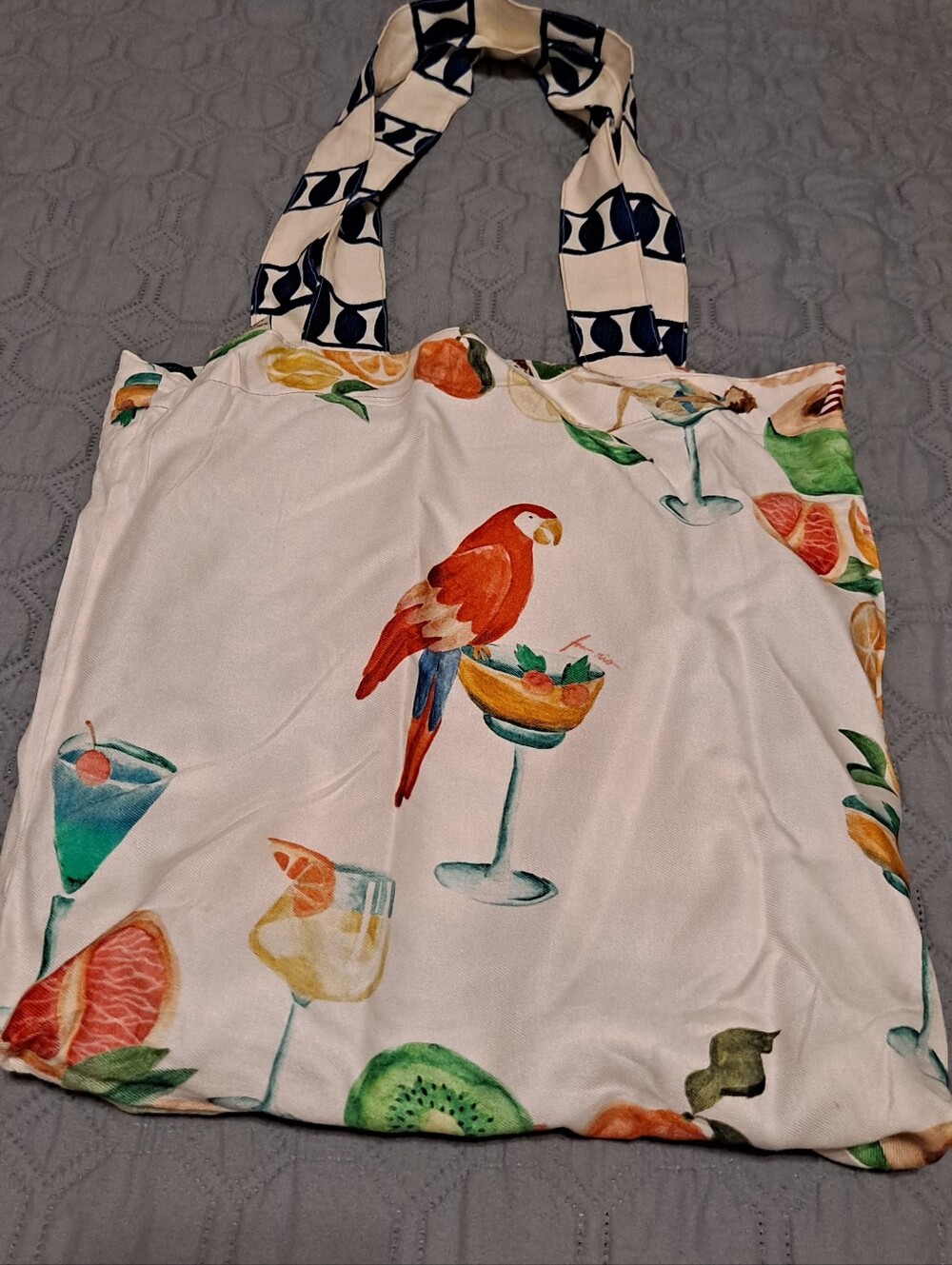Cream Parrot Print Pet Bird Tote Bag with Patterned Handles Reversible